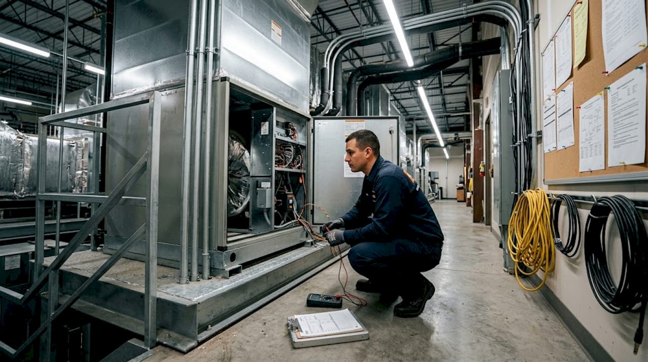 Technician checks office mechanical room HVAC setup