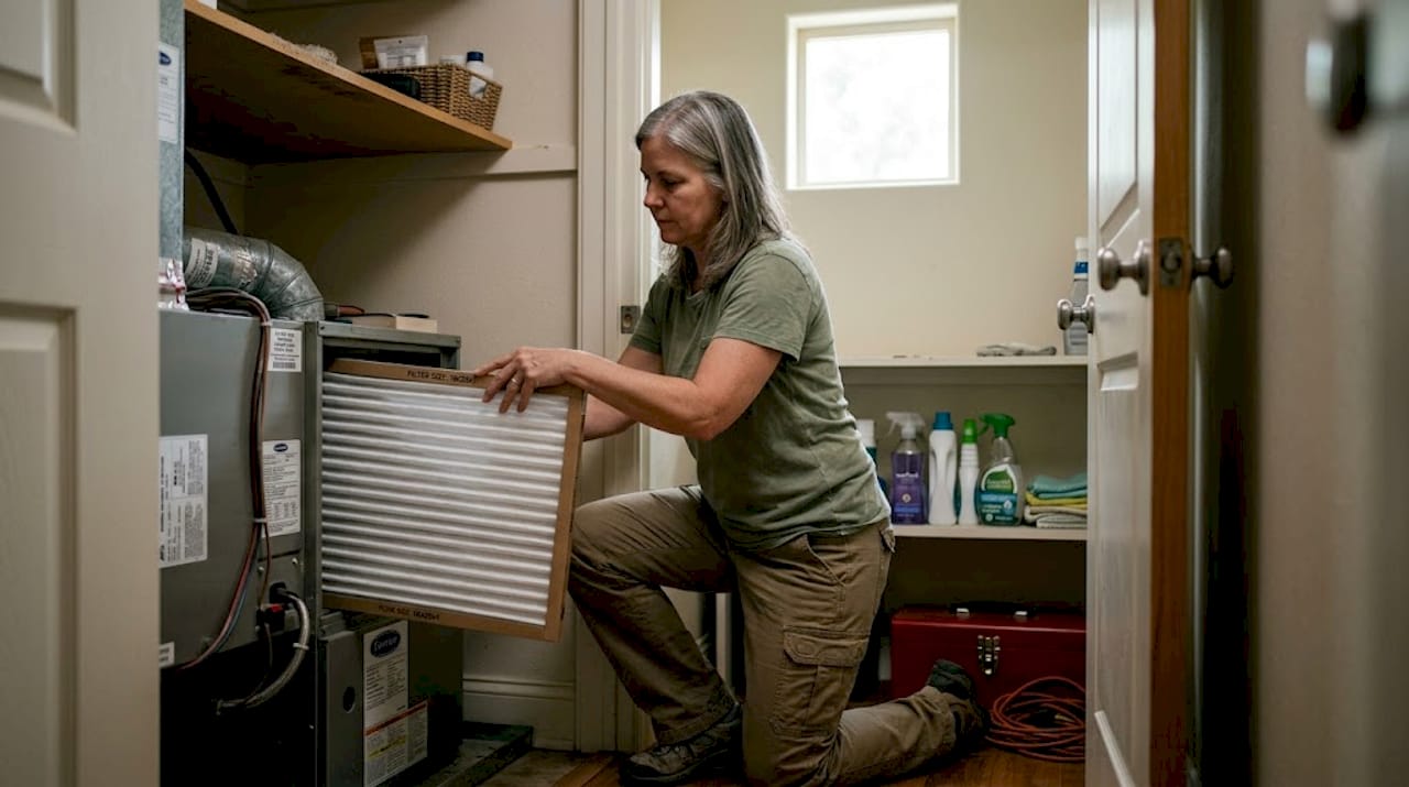 Person installs HVAC air filter in closet