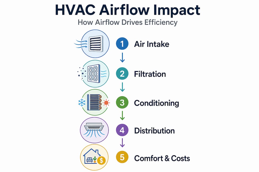 Infographic showing HVAC airflow steps affecting efficiency