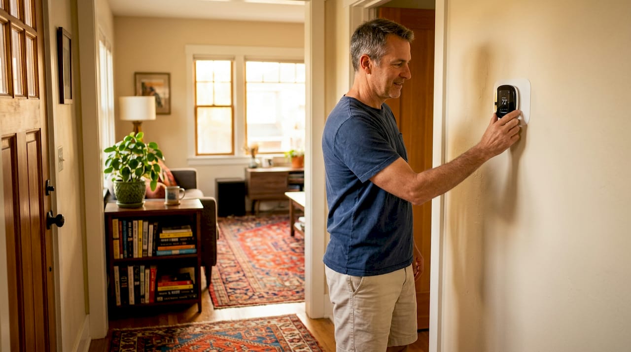 Homeowner adjusting smart thermostat in hallway