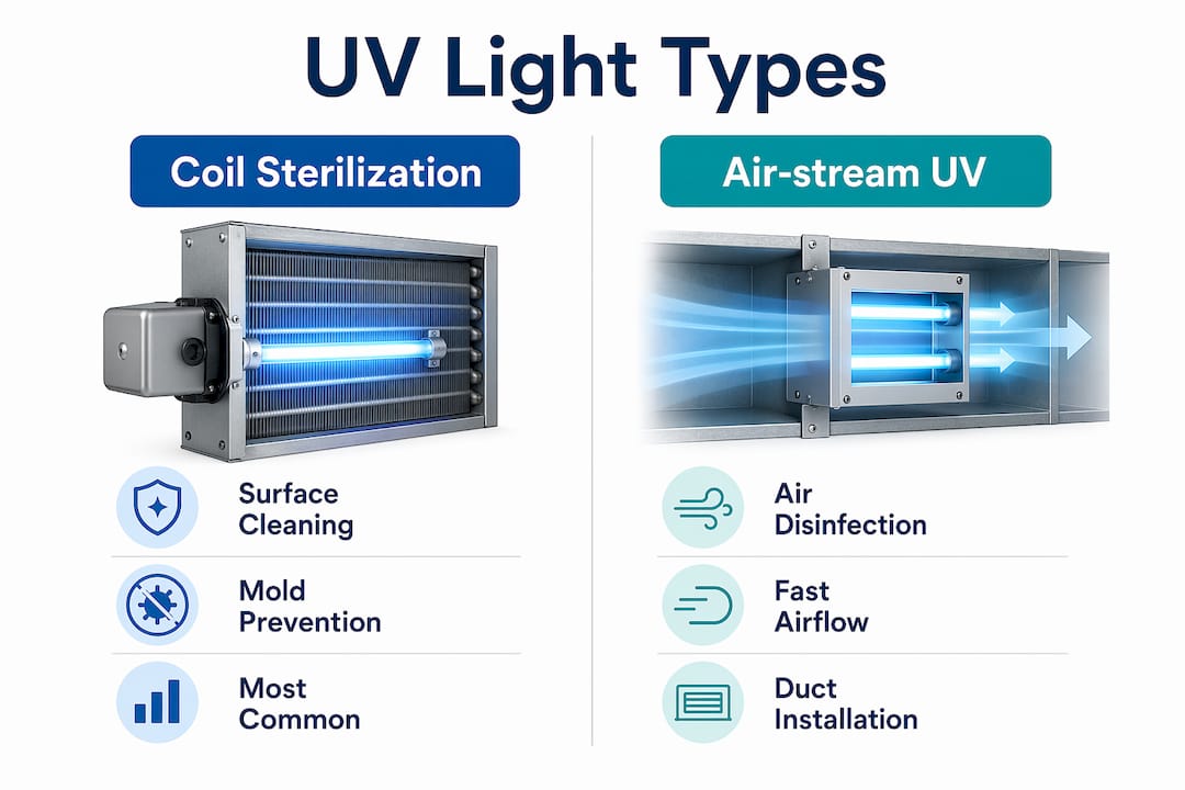 Infographic comparing coil sterilization and air-stream UV types