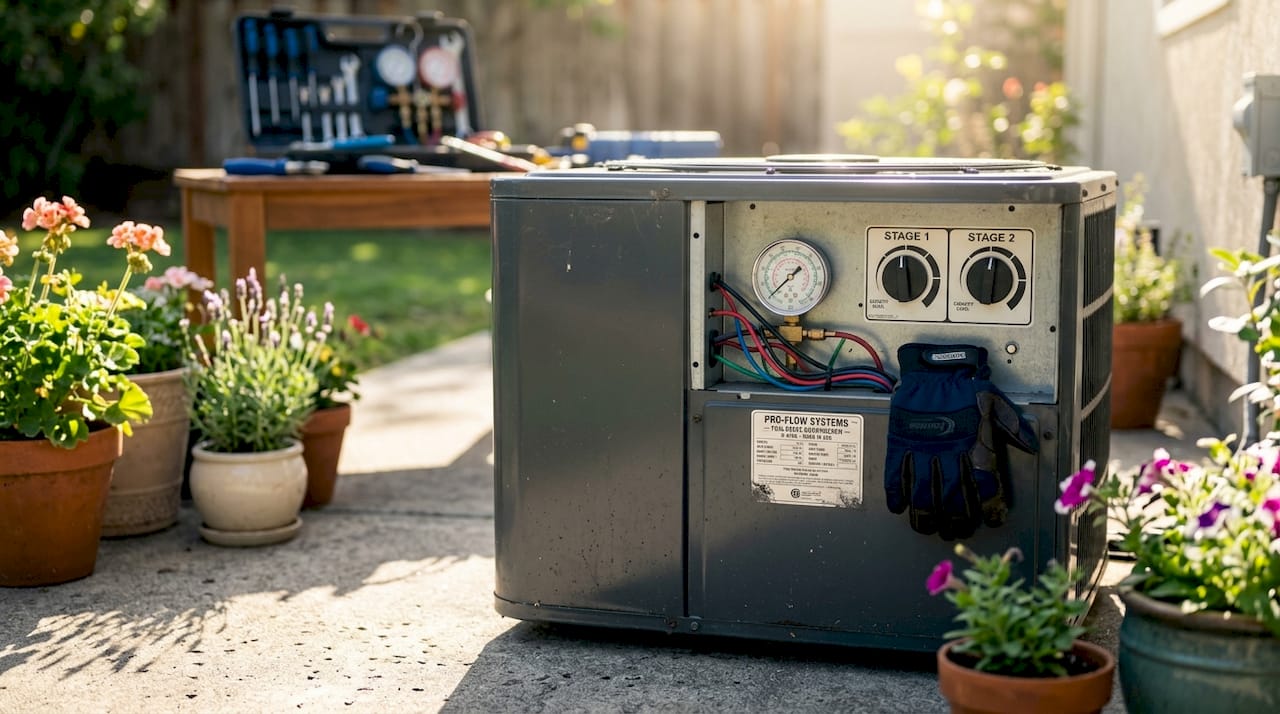 Close-up of two-stage compressor controls in backyard