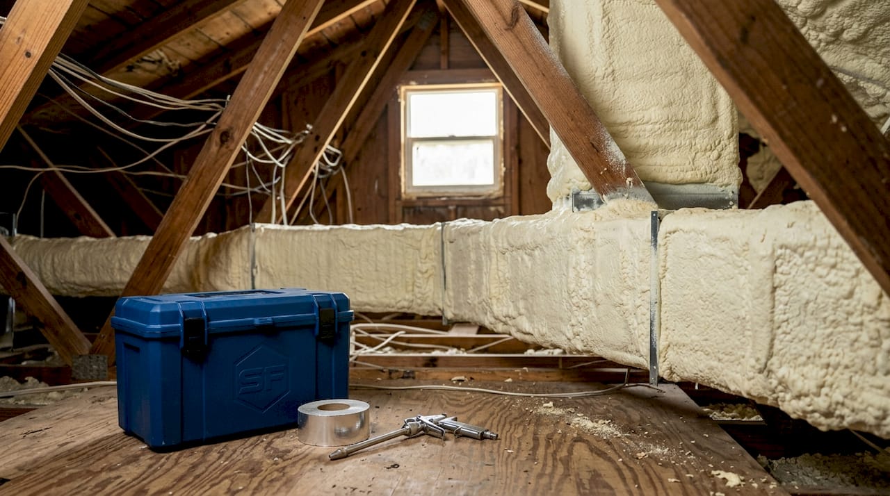 Close-up of spray foam HVAC duct insulation