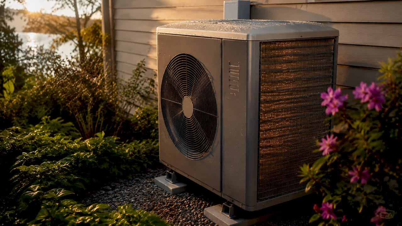 Close-up of air-source heat pump outdoor unit