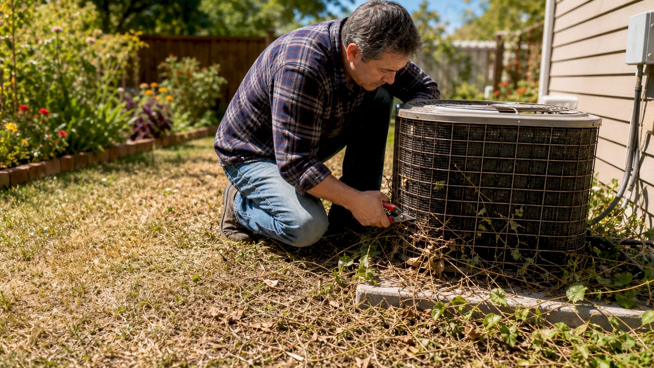 Hands trimming vegetation around outdoor HVAC unit