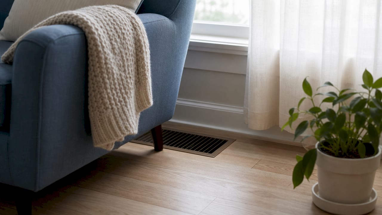 Blocked air vent partially covered by couch