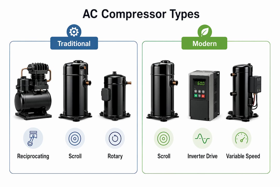 Infographic comparing traditional and modern AC compressor types