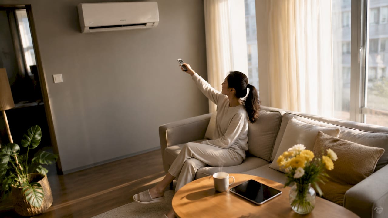 Woman adjusting ductless cooling unit indoors