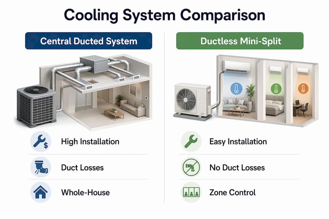 Infographic comparing ductless cooling and central air systems