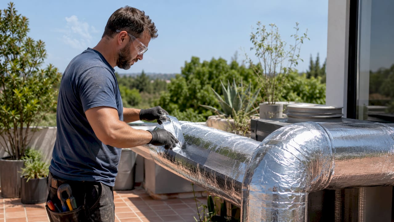 Hands insulating HVAC ductwork with foil wrap