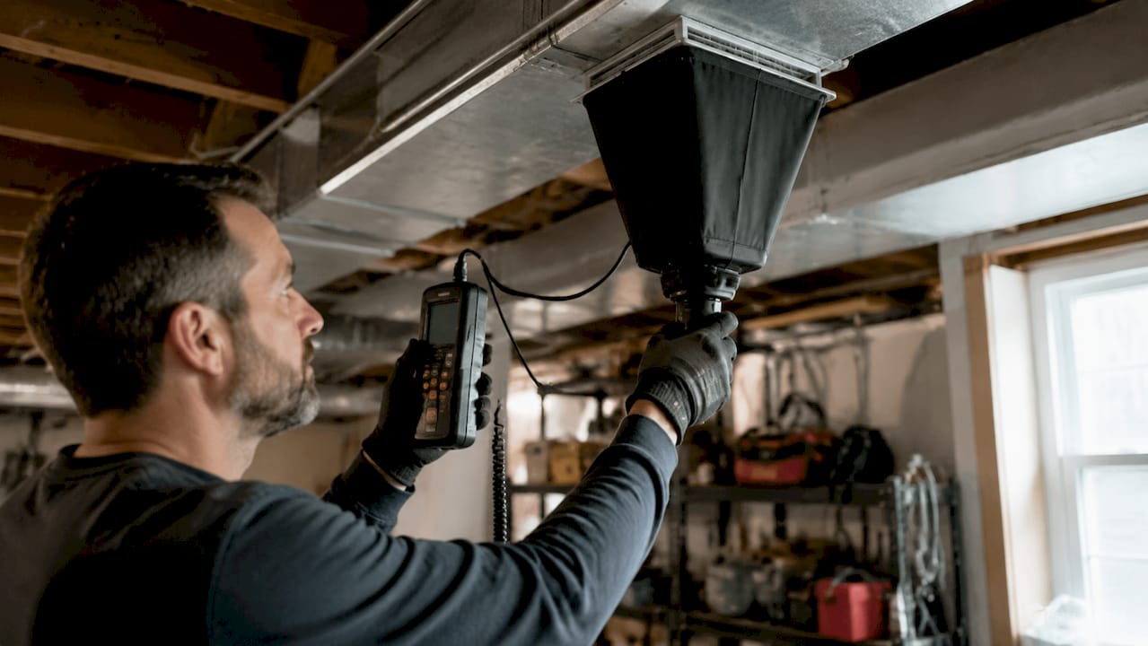 Technician measuring airflow with tools