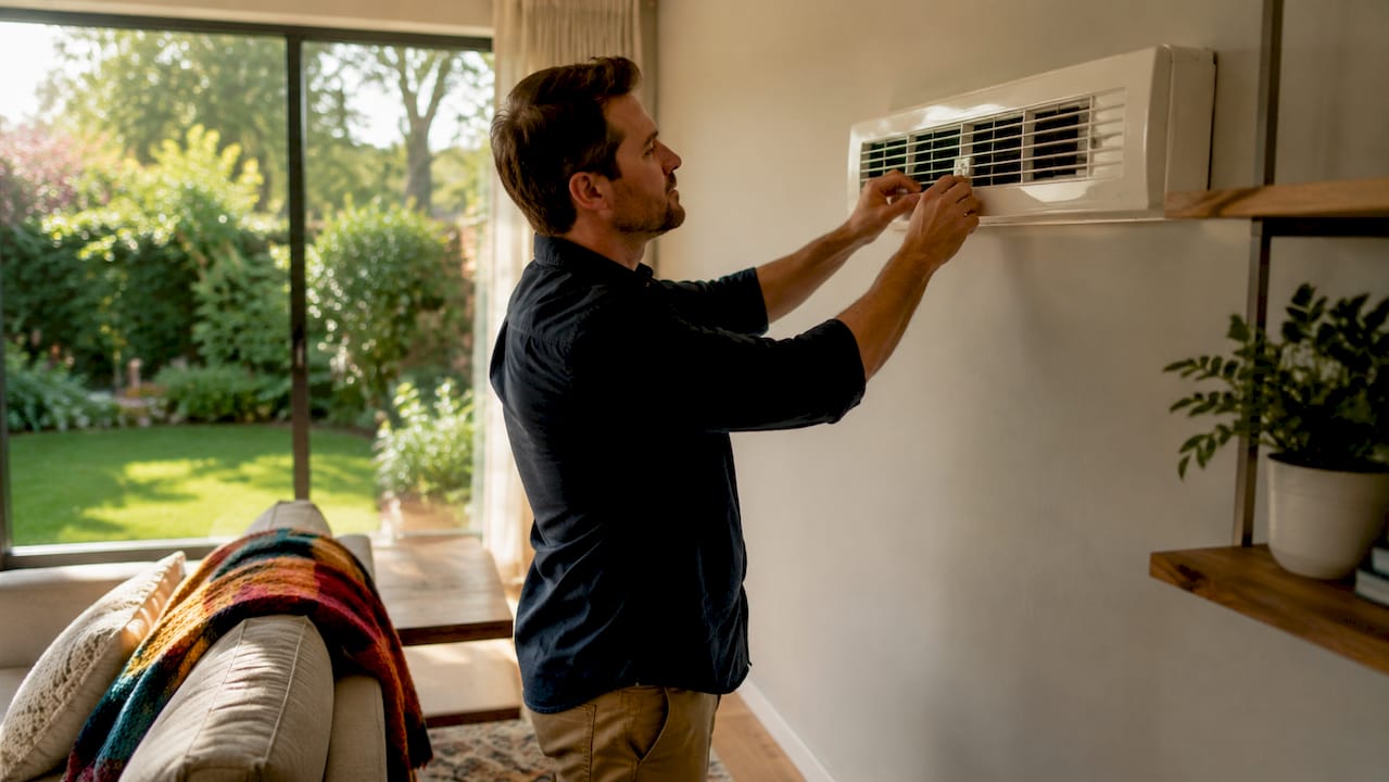 Man adjusting HVAC air vent in kitchen