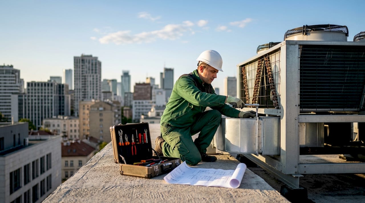 Technician installing commercial air cooling unit outdoors