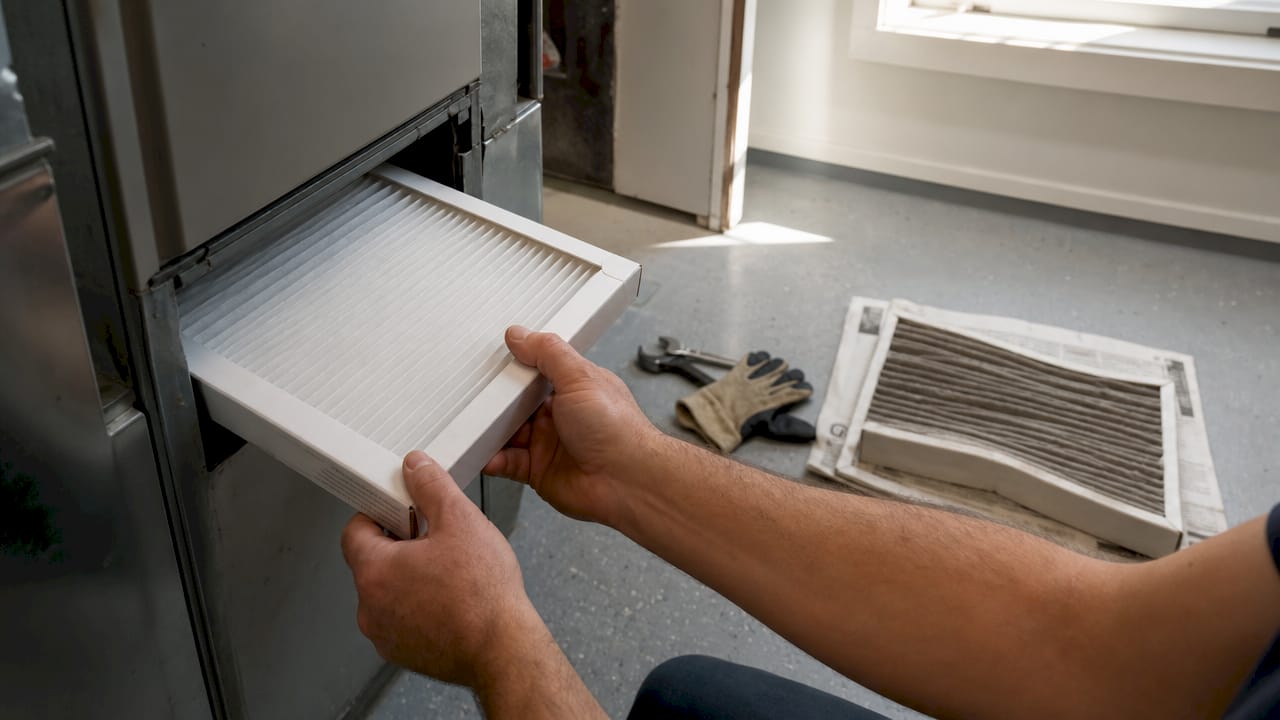 Hands replacing air filter in home HVAC system