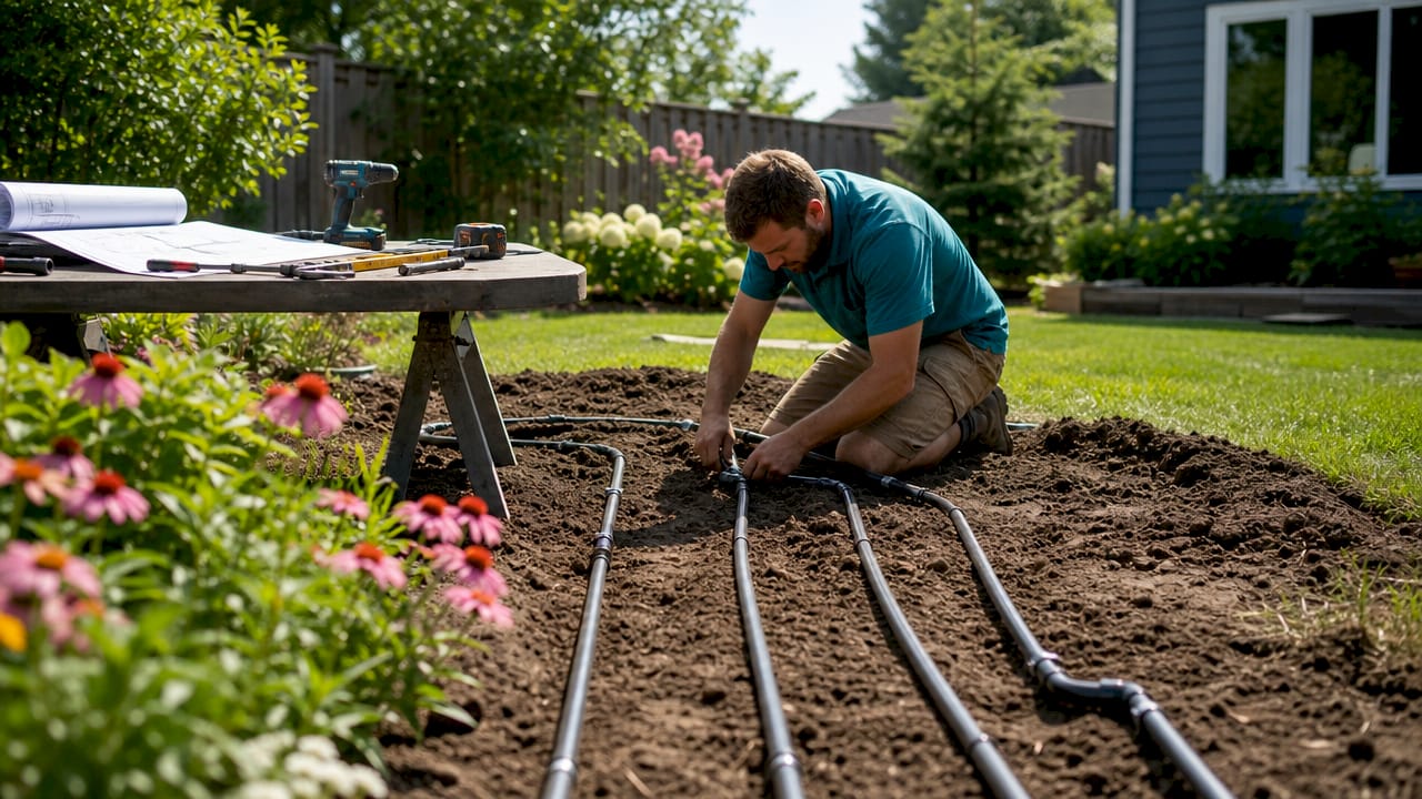 Technician installing geothermal ground loop pipes outdoors