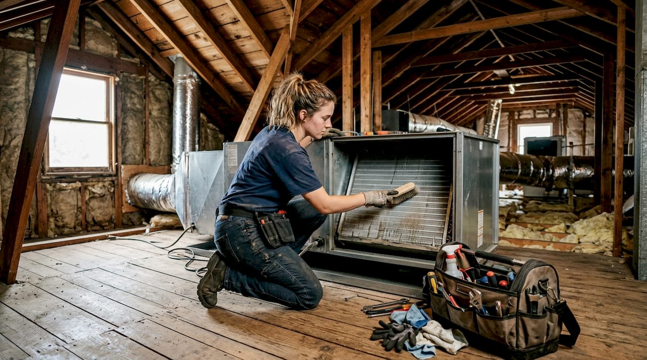Hands cleaning HVAC evaporator coils