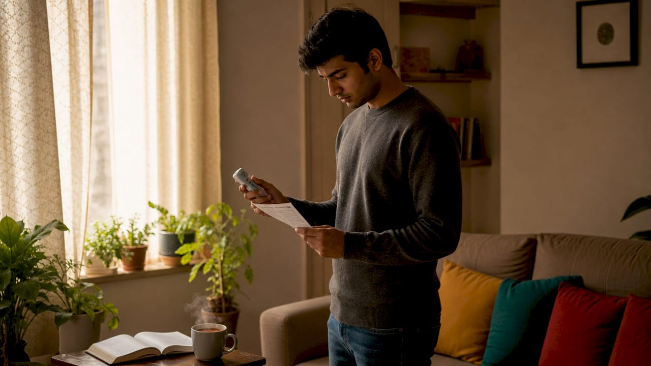 Man reading instructions for air testing device