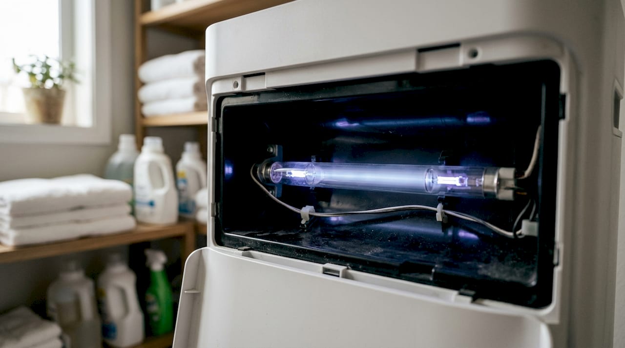 Close-up of UV-C light in air purifier