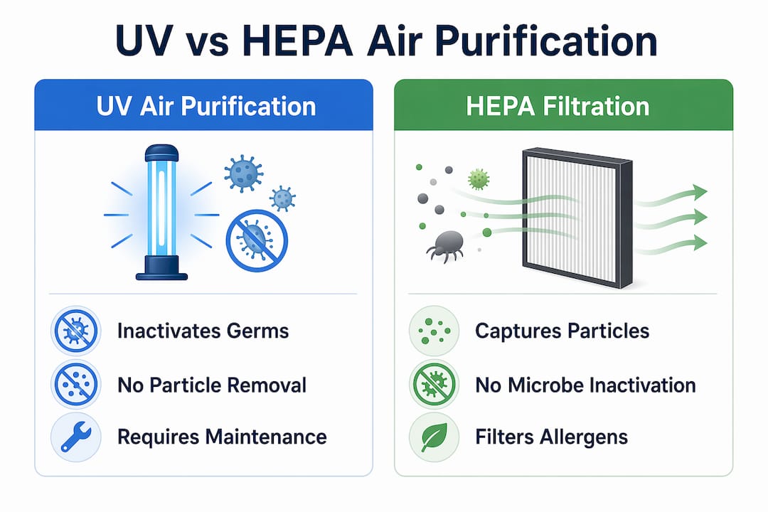 Infographic comparing UV and HEPA air purification