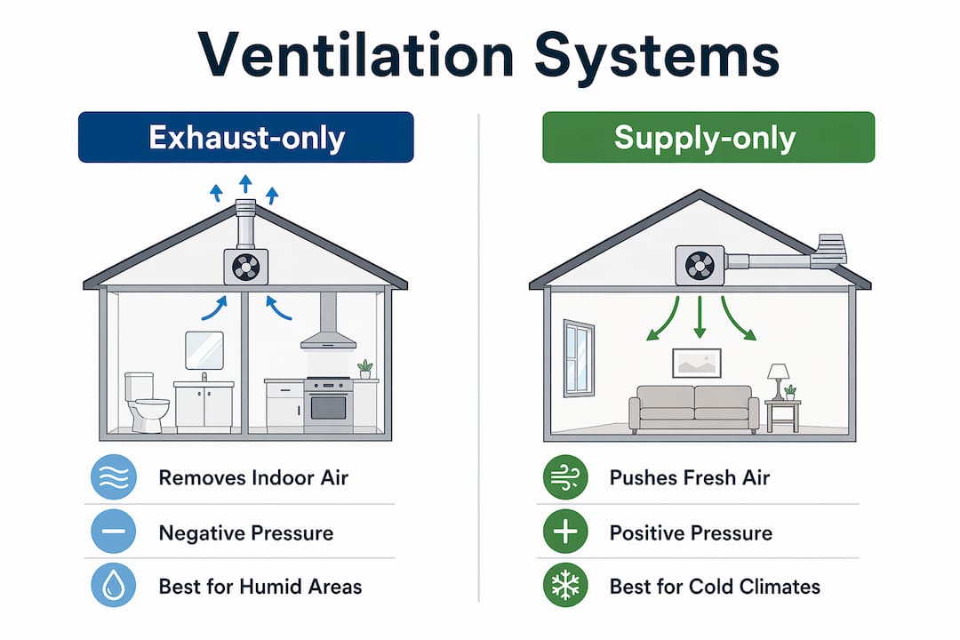 Infographic comparing exhaust-only and supply-only ventilation systems