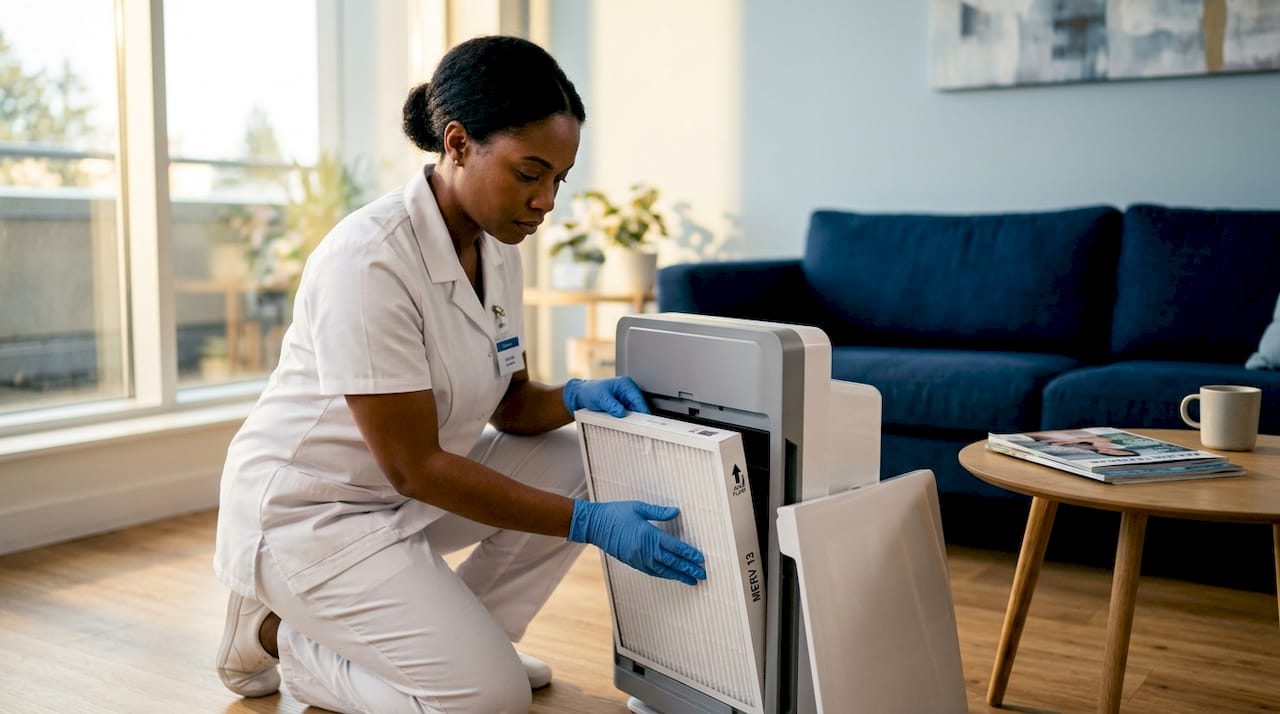 Technician installing air purifier filter