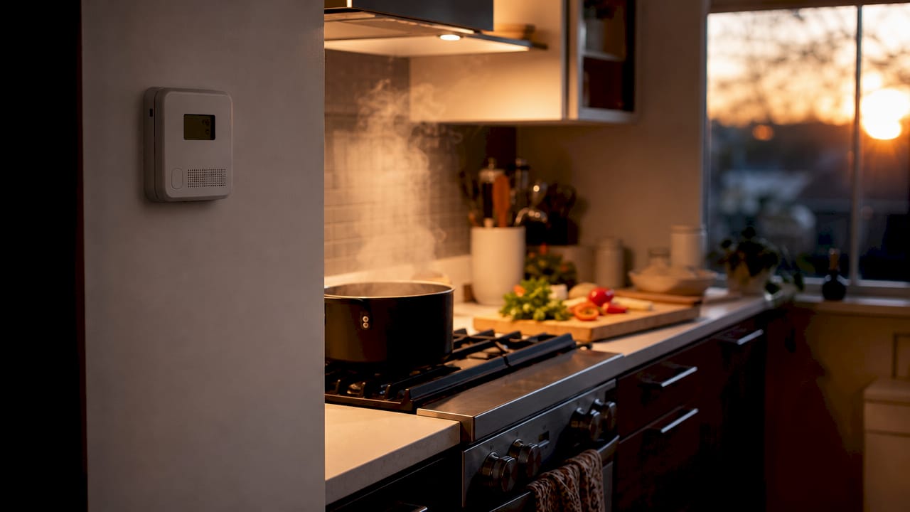 Kitchen with carbon monoxide detector and range hood