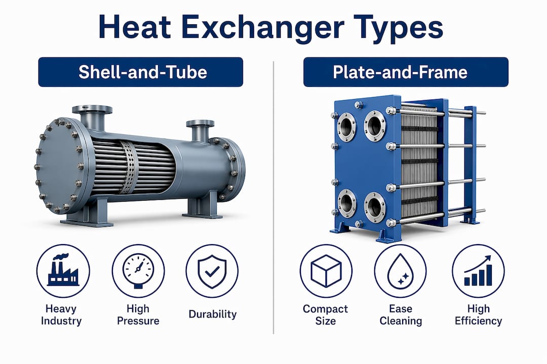 Infographic comparing shell-and-tube and plate-and-frame types