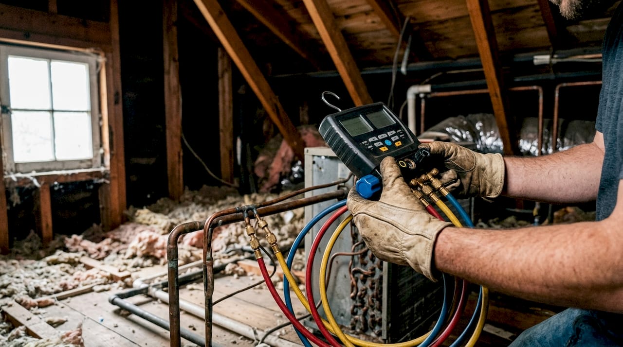 Hands holding refrigerant gauges on HVAC unit