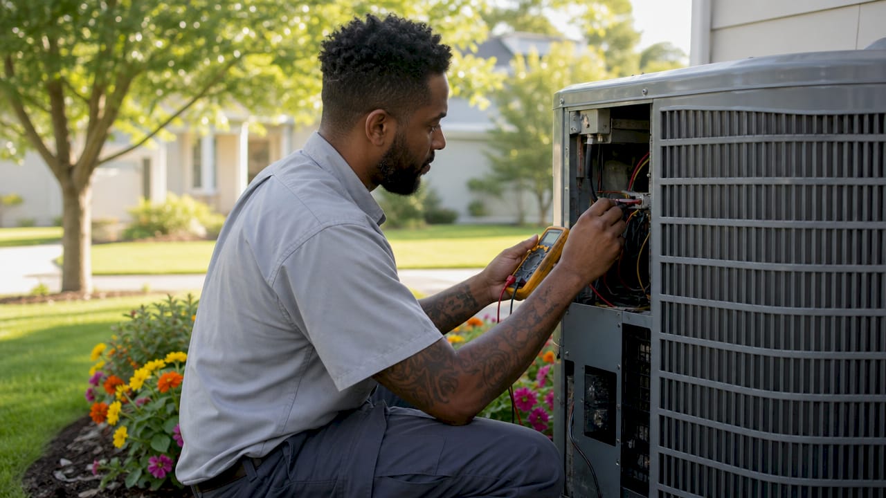 HVAC technician adjusts variable speed AC compressor components