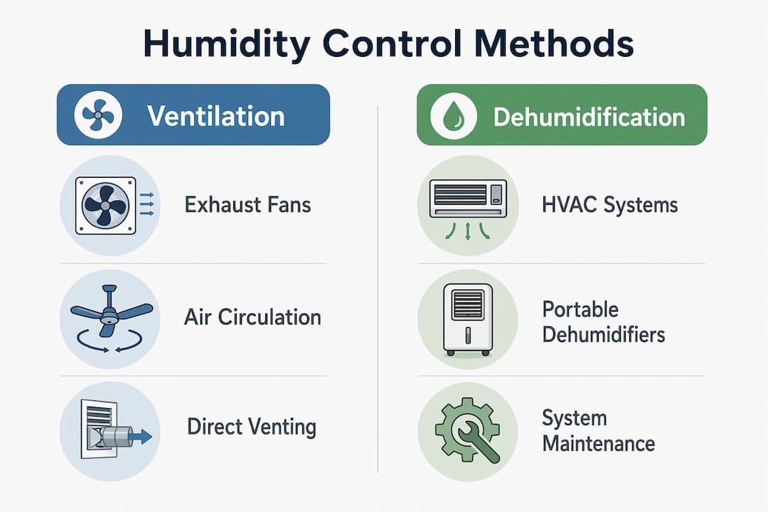 Infographic comparing ventilation and dehumidification methods for humidity control in homes