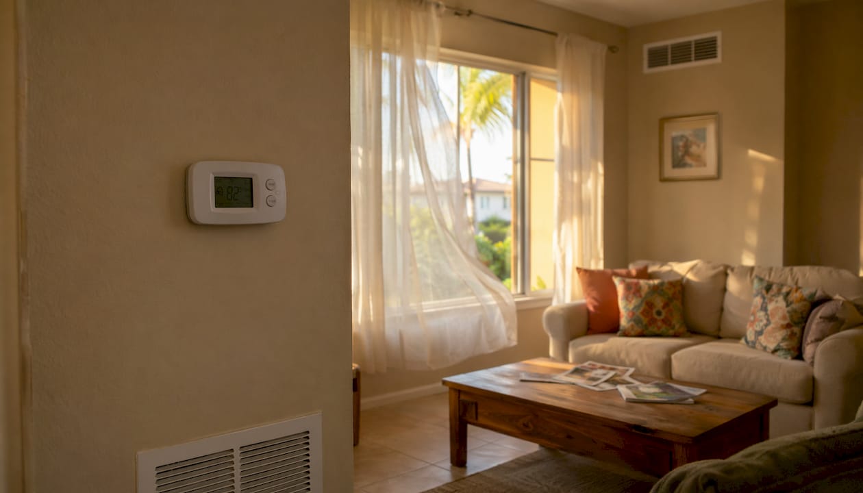Indoor thermostat showing overheating temperature