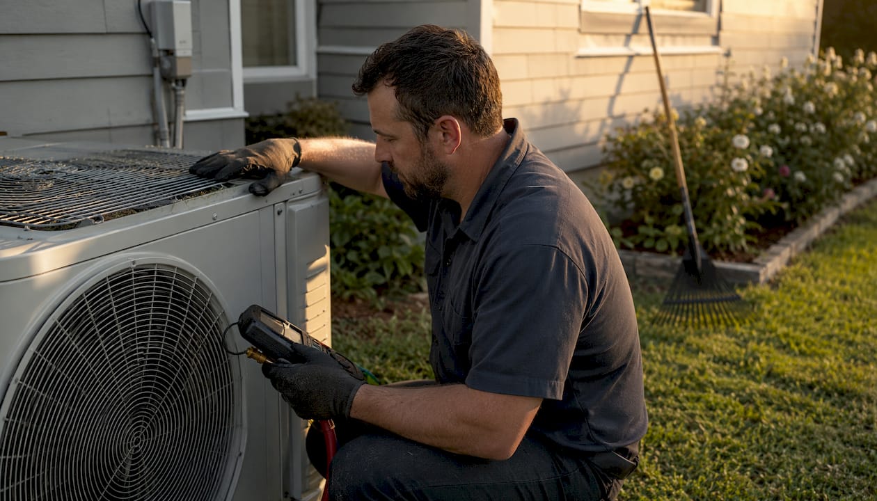 Technician inspecting mini split outdoor compressor unit