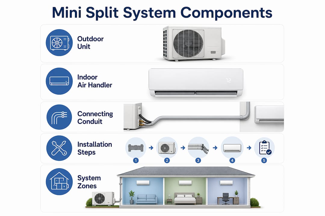 Infographic showing mini split system components and process