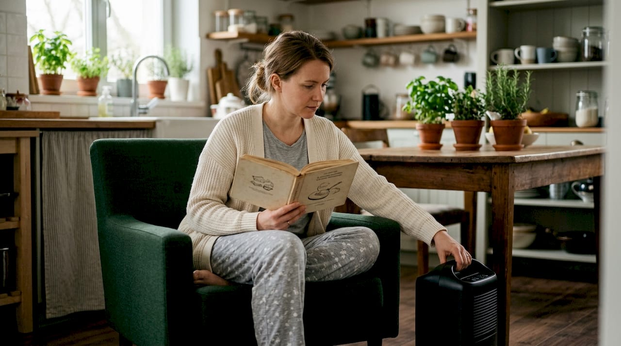 Woman placing dehumidifier near sofa