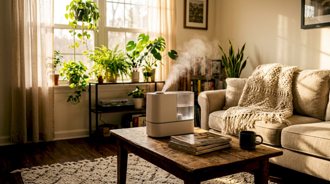 Hands adjusting humidifier in living room