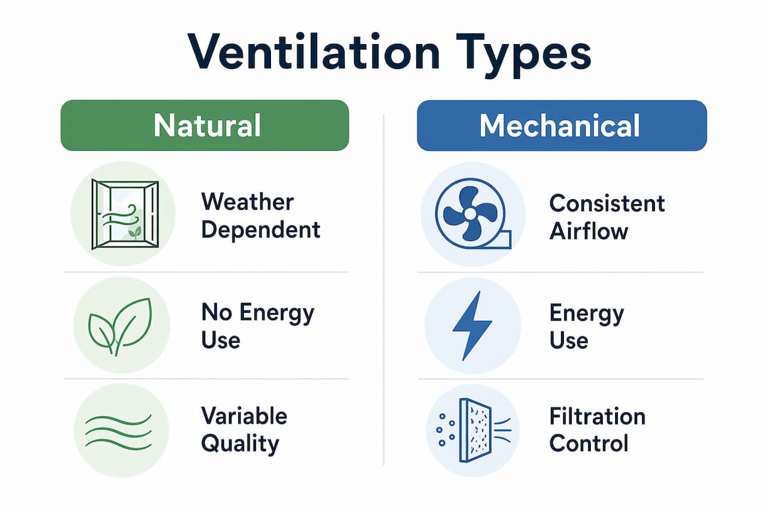 Infographic comparing natural and mechanical ventilation types