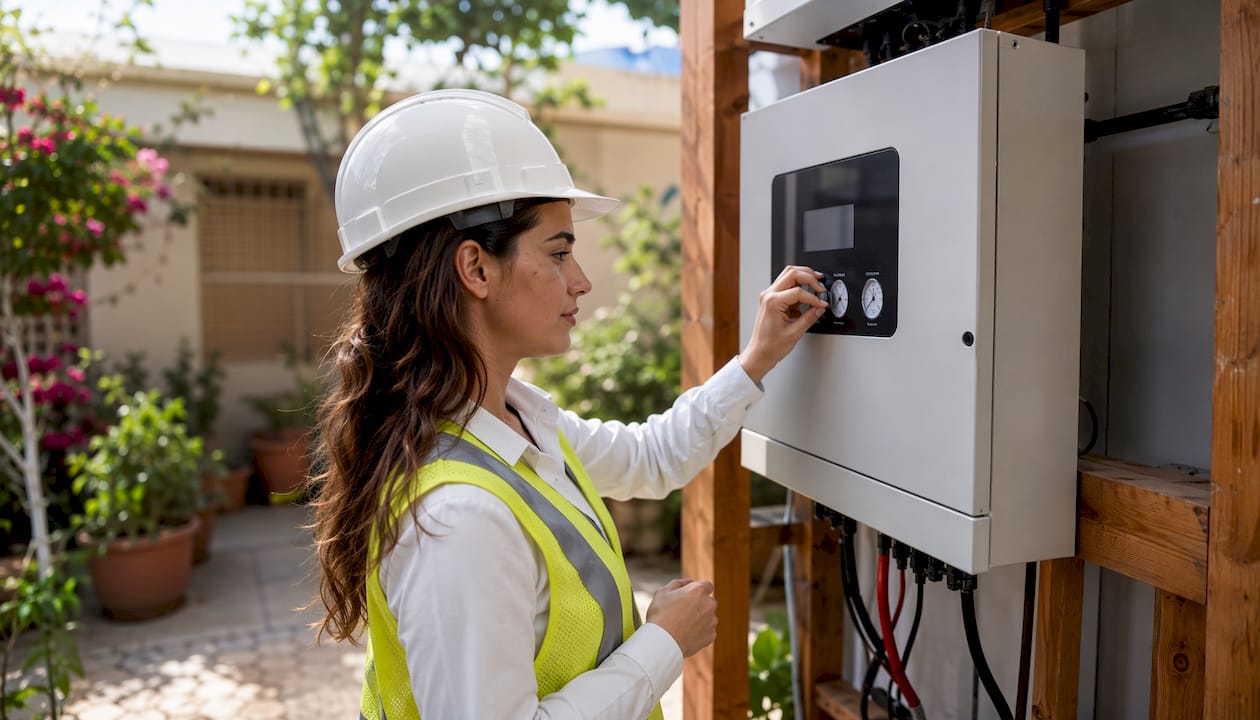 Engineer adjusting HVAC inverter control panel