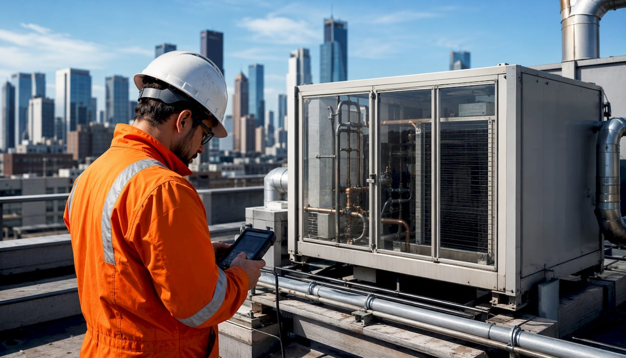 Rooftop MOF dehumidification HVAC units with technician