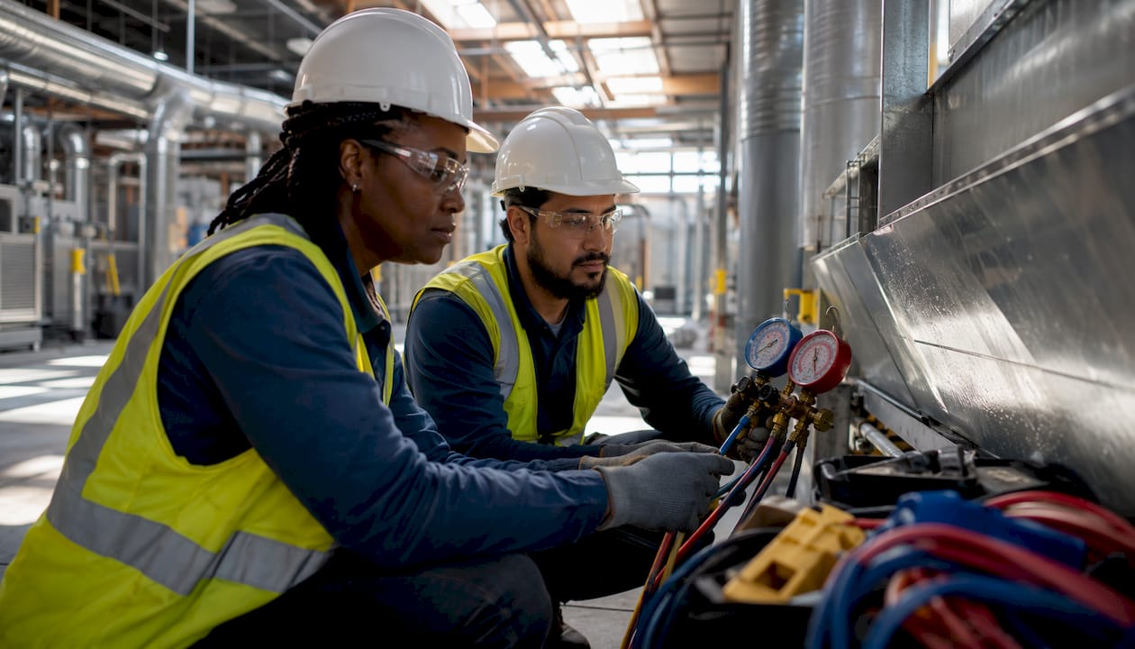 Two HVAC installers inspecting installation gauges