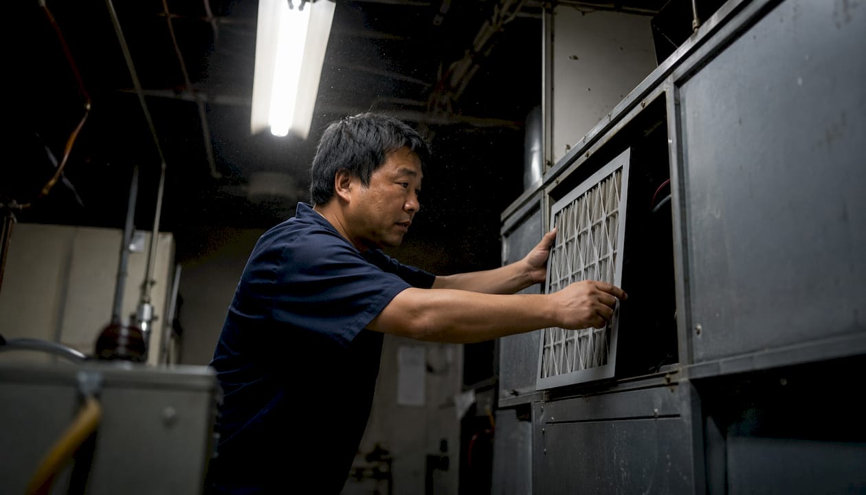 Technician hands replacing HVAC air filter on rooftop