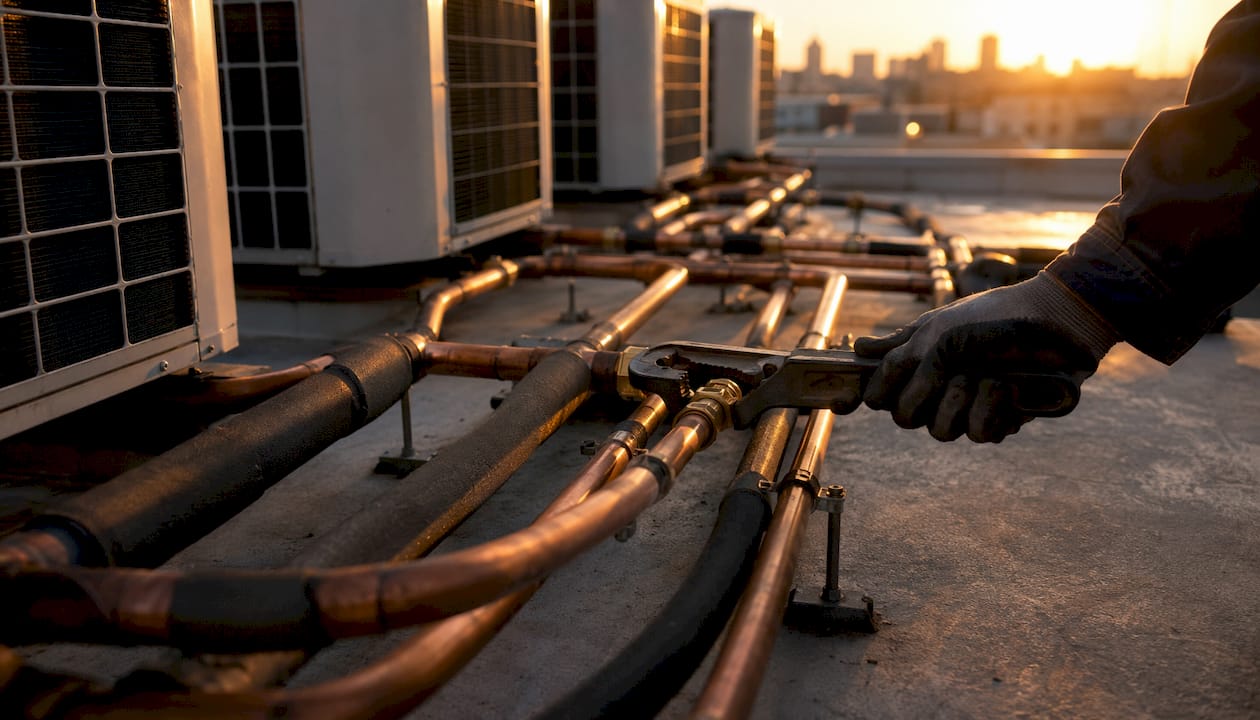 Commercial building rooftop VRF piping installation