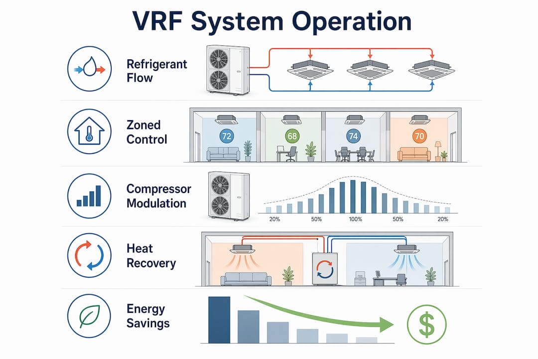 Infographic showing VRF system operation steps