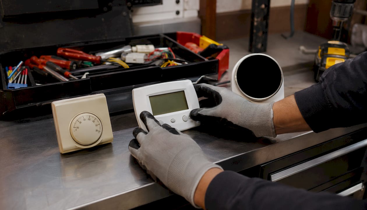 Different thermostat types on workshop table