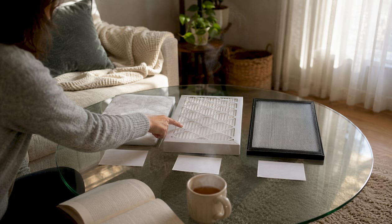 Three furnace filters with MERV ratings on table