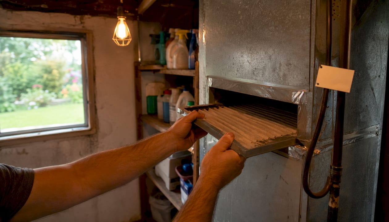 Hands inserting furnace filter in HVAC slot