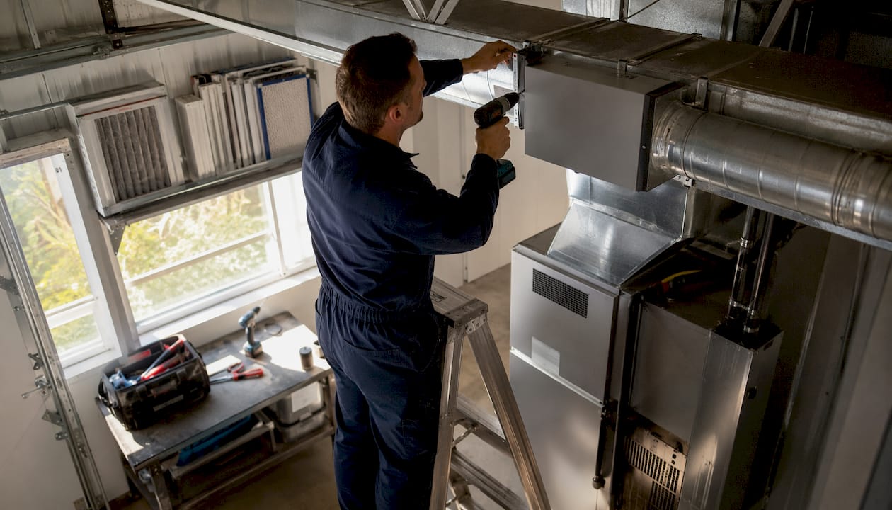 Technician installing whole-home air purifier in attic