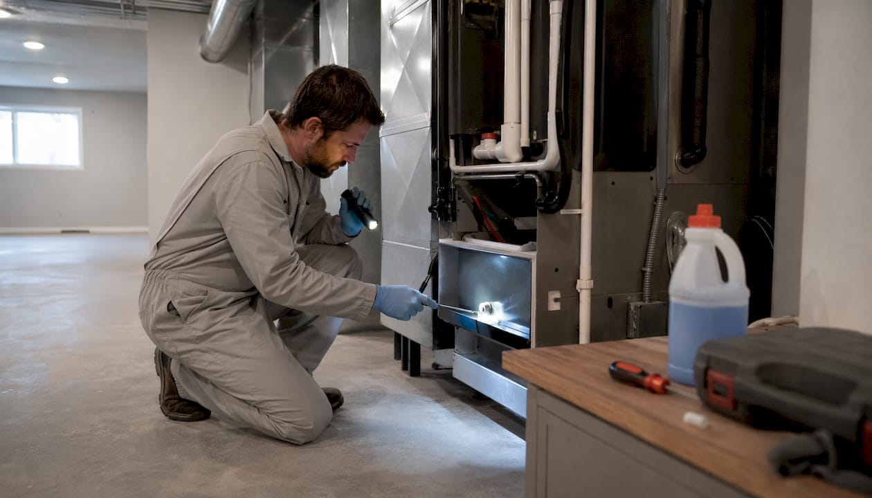 Hands inspecting HVAC condensate drain pan closely