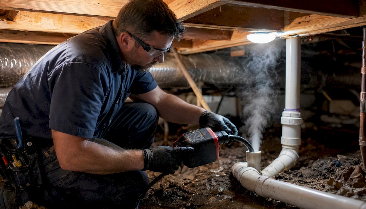 Plumber performing smoke test in crawlspace