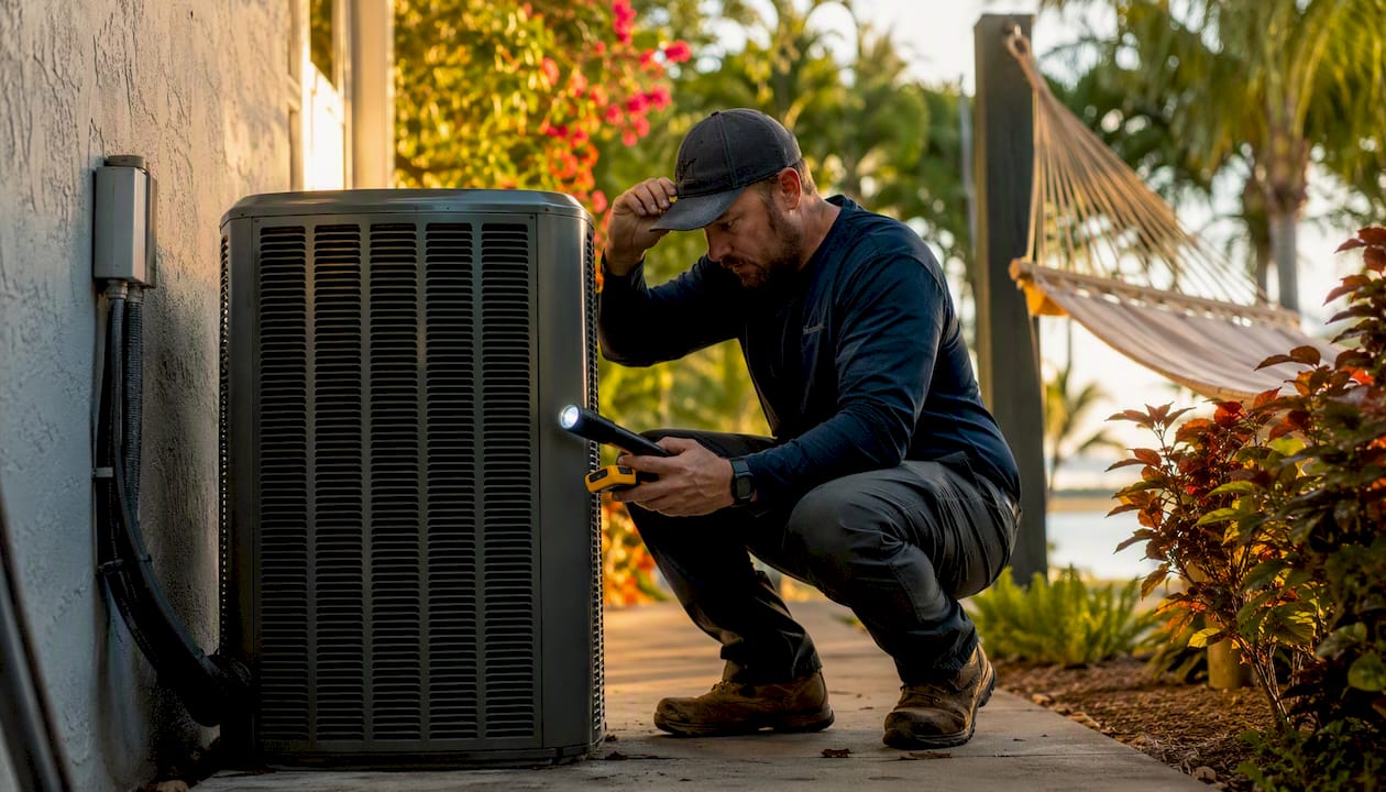 Technician inspecting coastal HVAC unit outdoors