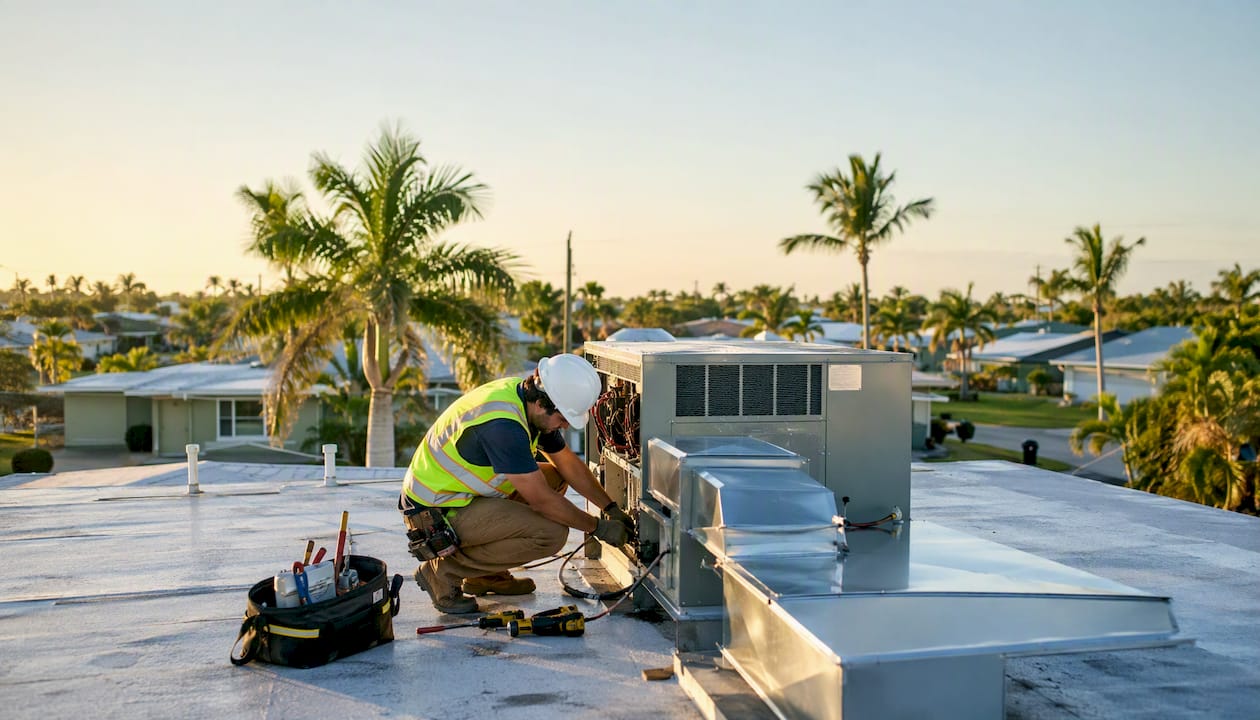 Contractor installing rooftop HVAC unit in SWFL
